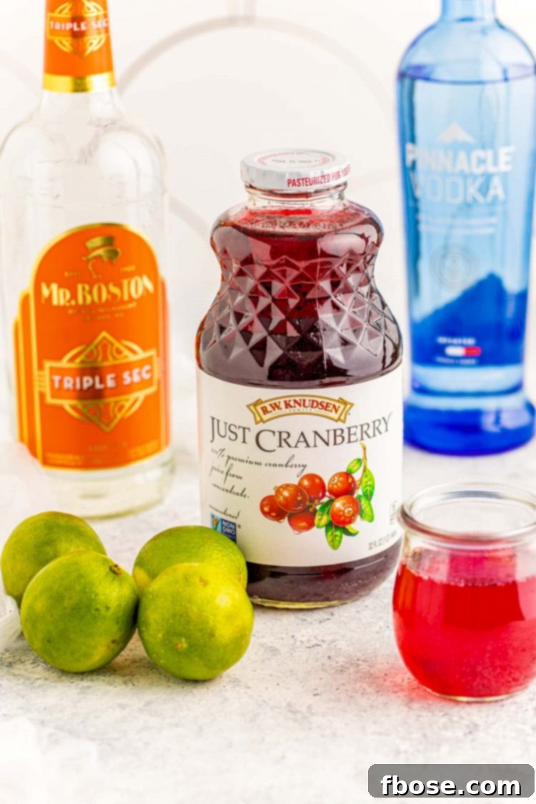Essential ingredients laid out to prepare a delightful Cranberry Cosmopolitan cocktail, including fresh cranberries, vodka, lime, and orange liqueur.