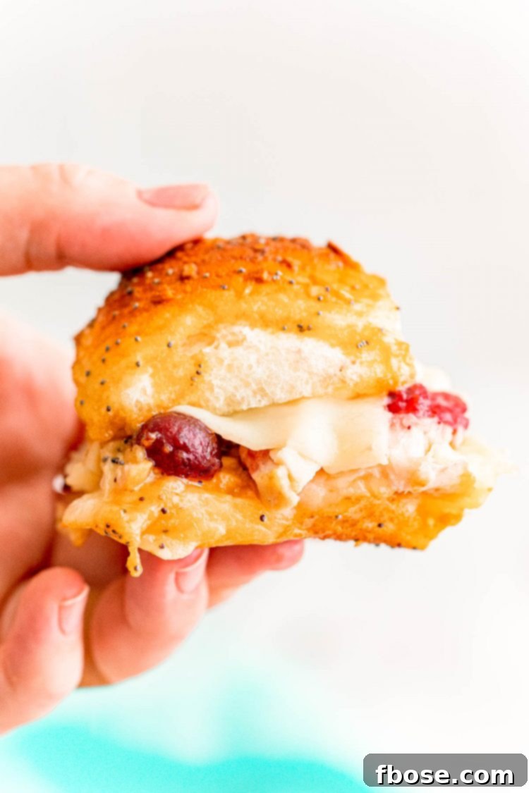 Close up photo of a woman's hand holding a turkey slider with cranberry sauce on it.