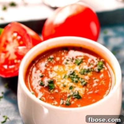 Close up photo of tomato soup in a white bowl topped with parmesan cheese and parsley.