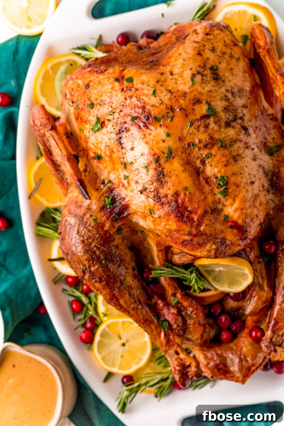 Overhead photo of a perfectly roasted turkey on a white platter, elegantly garnished with vibrant lemons, fresh herbs, and festive cranberries.