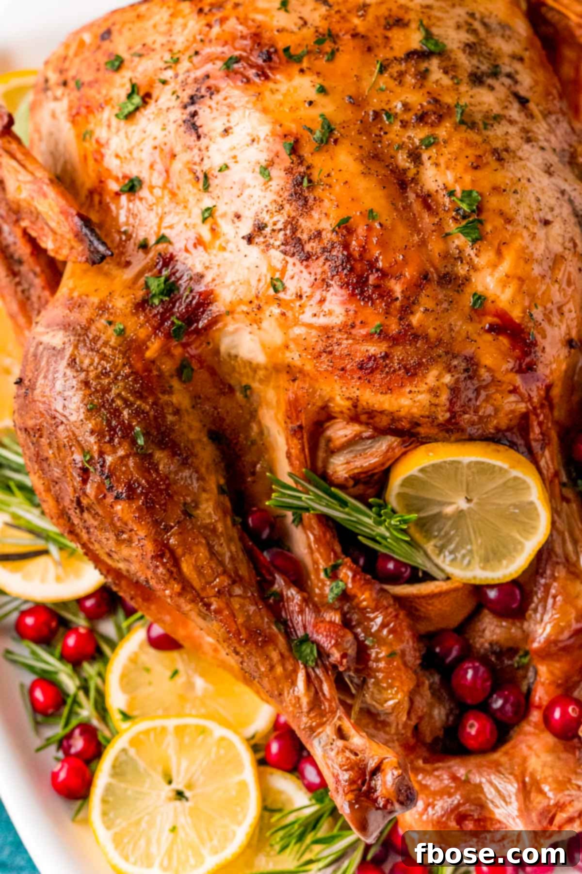 Close-up photo of a magnificent Thanksgiving turkey artfully arranged on a pristine white platter, ready for carving.