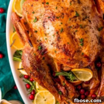 Overhead photo of a roasted turkey on a white platter with lemons, herbs, and cranberries around it.