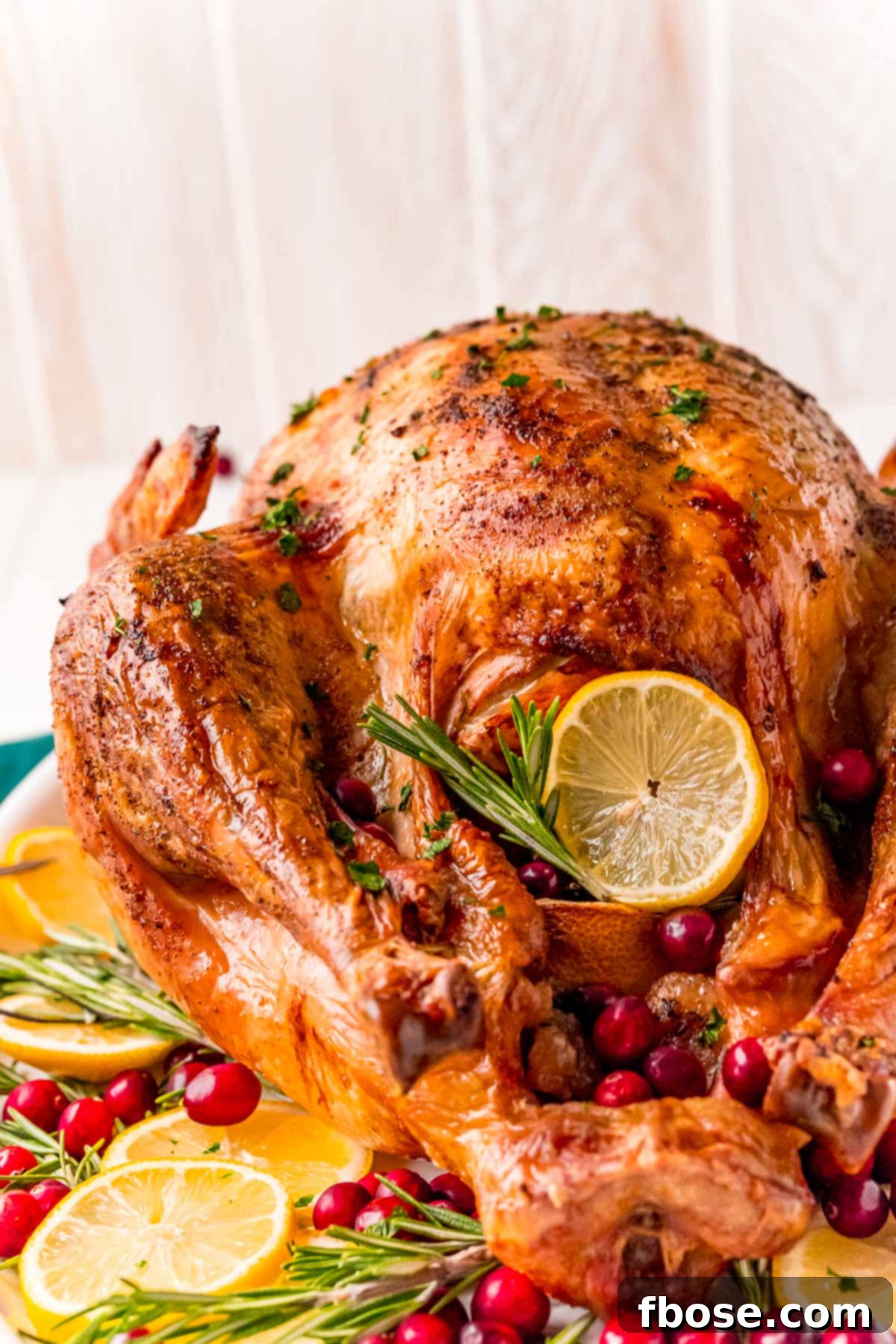 Close-up photo capturing the succulent bottom end of a roasted turkey, presented on a pristine white platter.