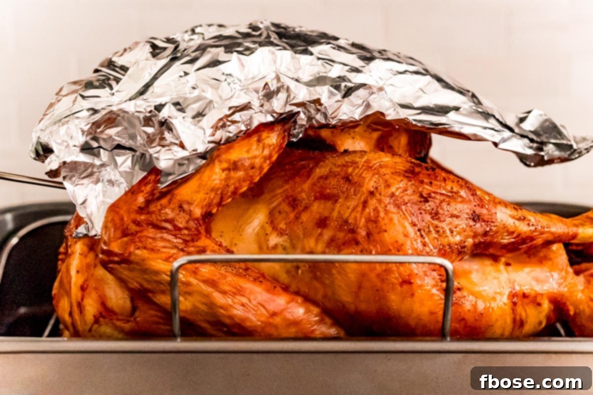 Aluminum foil meticulously covering the upper portion of a roasted turkey, a technique to prevent overcooking the breast.