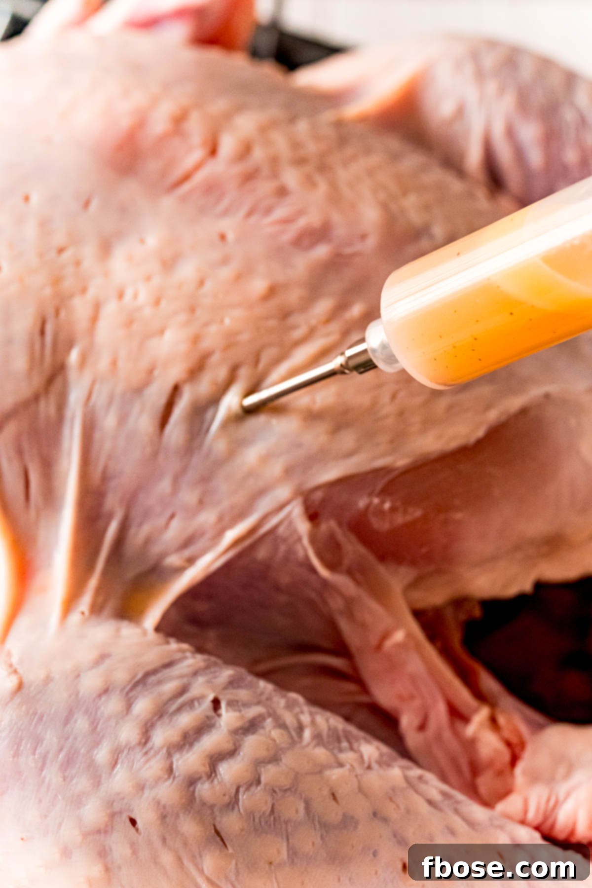 Illustrative photo of marinade being skillfully injected into a raw turkey, ensuring deep flavor.