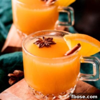 Close up photo of wassail in glass mugs garnished with cinnamon sticks and star anise.
