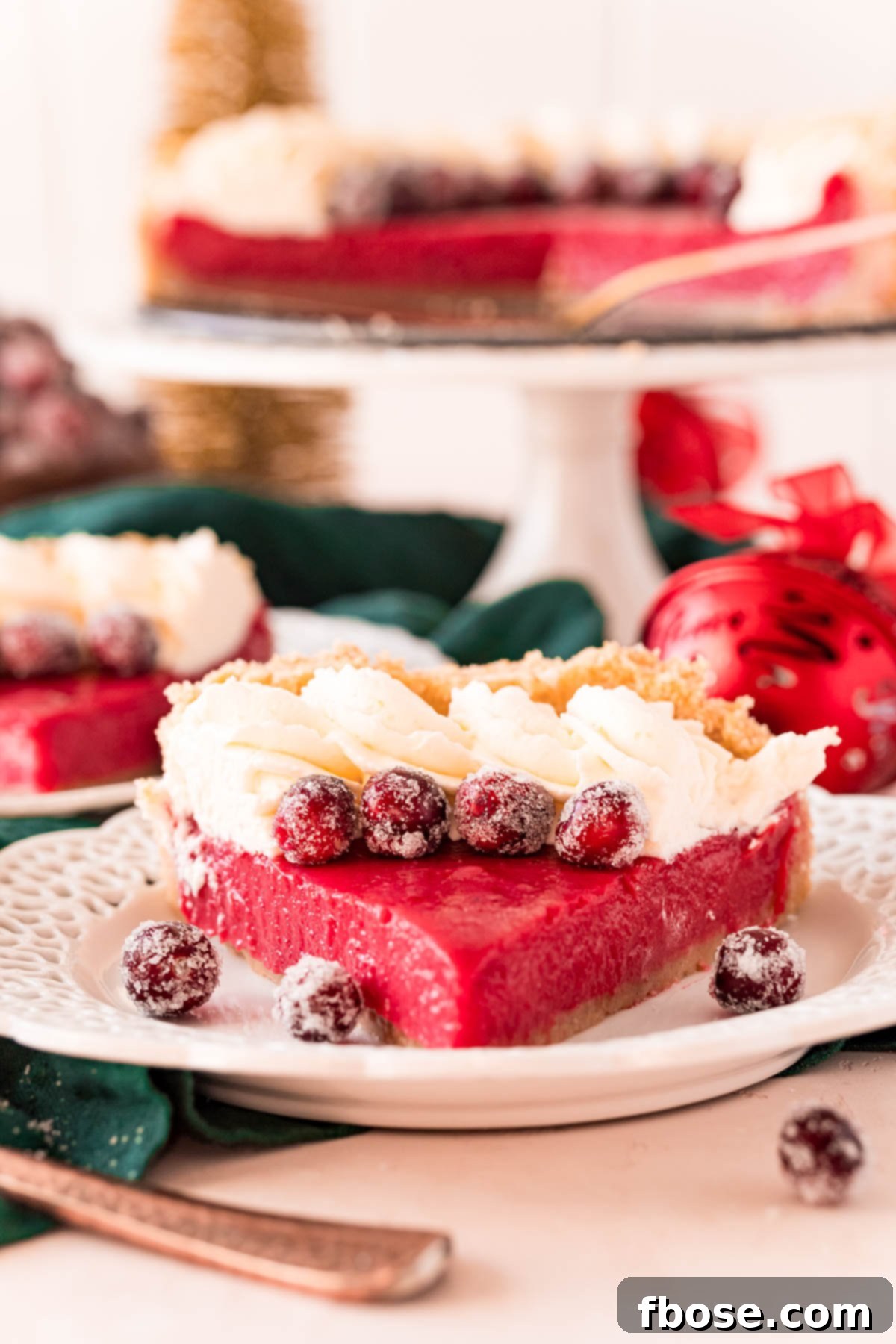 A vibrant slice of cranberry pie on a white plate, garnished with a few sugared cranberries, showcasing its rich red filling and golden crust.