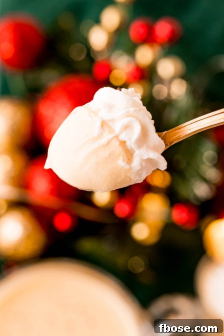 A spoonful of eggnog pudding shot with whipped cream and nutmeg.