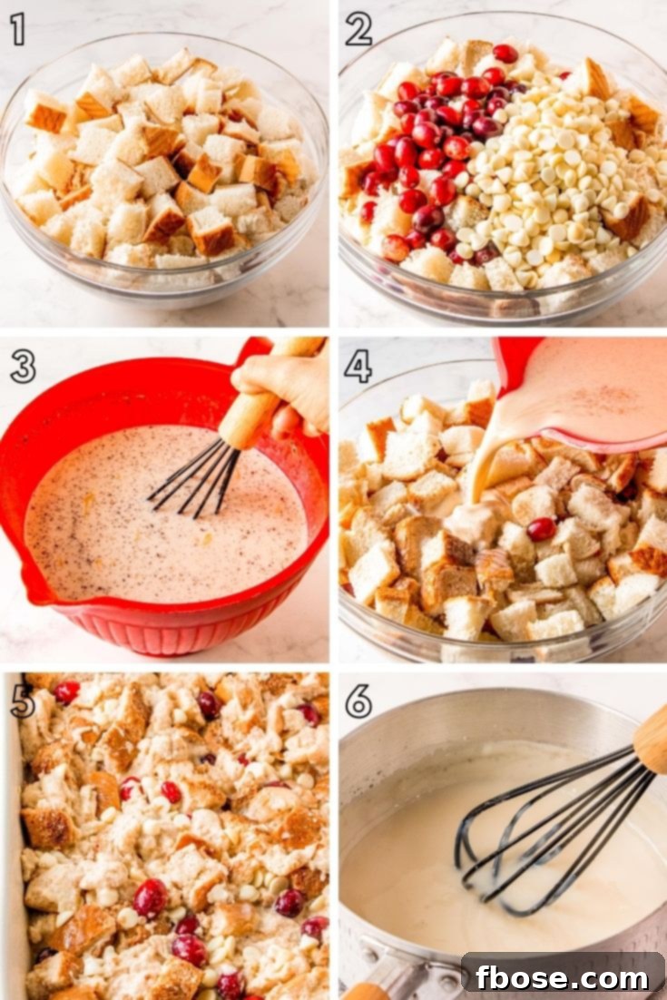 Step-by-step photo collage showing how to make bread pudding, from mixing ingredients to the finished baked dish.