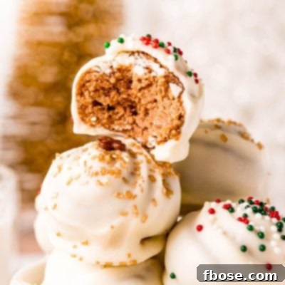 Close up photo of gingerbread truffles stacked in a white cup.