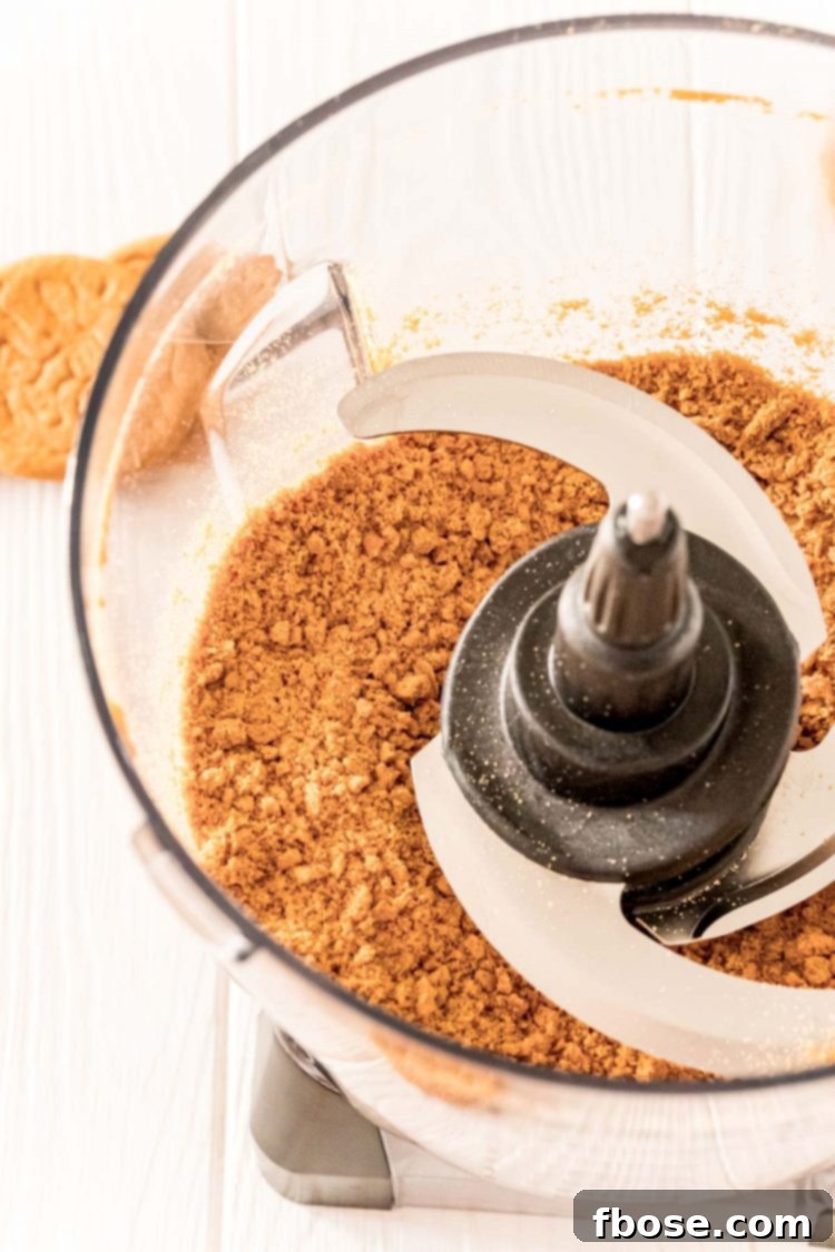 Close-up view of gingersnap cookies after being processed into fine crumbs in a food processor, ready for the next step.