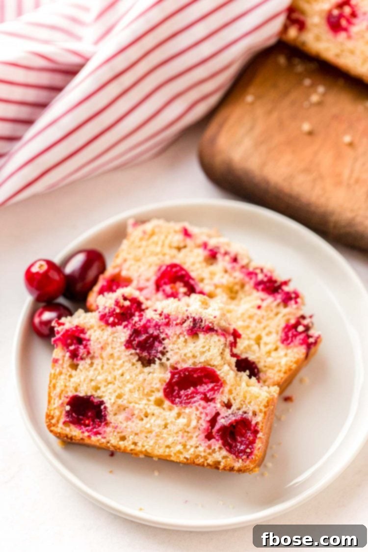Two slices of cranberry quick bread on a white plate.