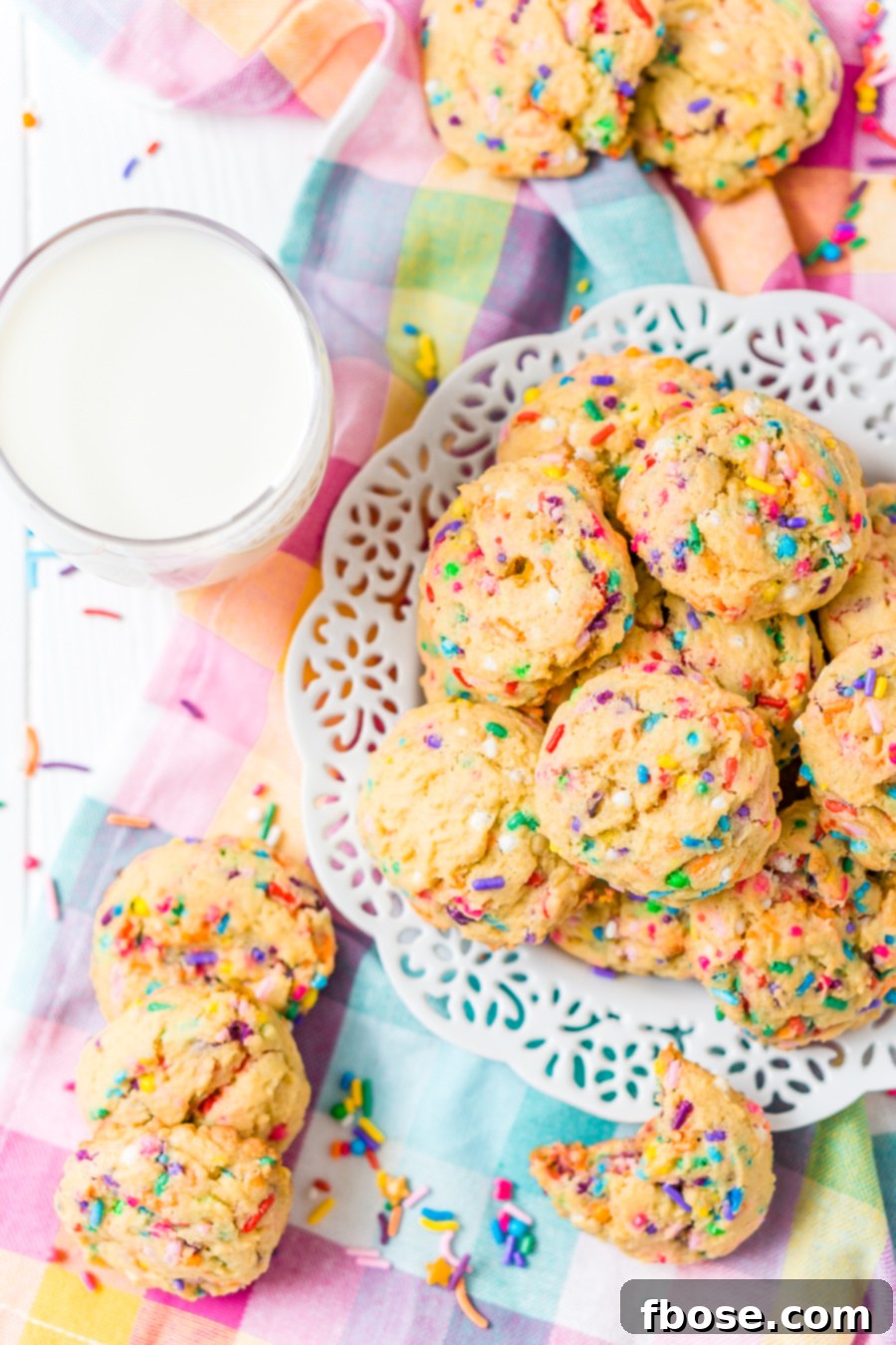 Three perfectly baked Birthday Cake Pudding Cookies, stacked and decorated with colorful sprinkles, on a white background.