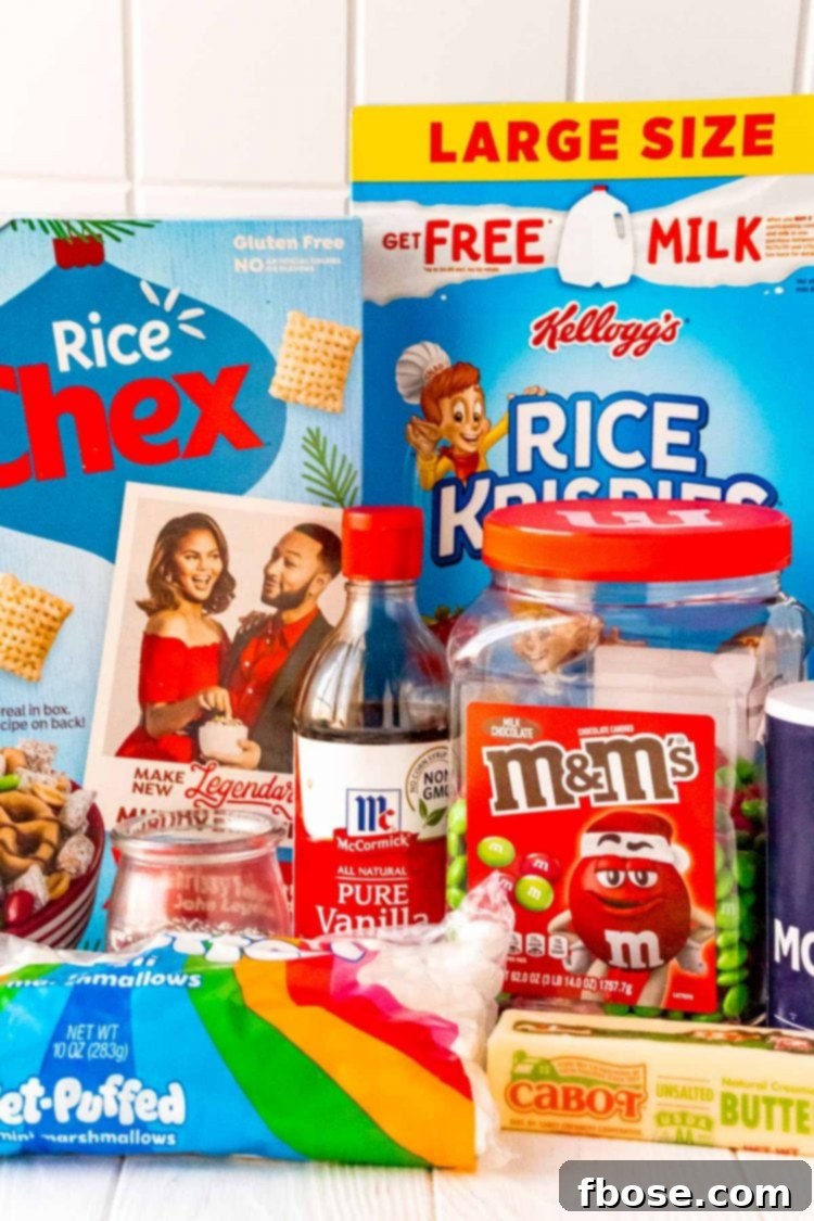 Ingredients for making Christmas Rice Krispies Treats beautifully arranged on a rustic wooden table.