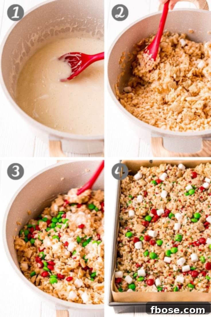 Step by step photo collage illustrating the process of making Christmas Rice Krispies Treats, from melting marshmallows to final pressing.