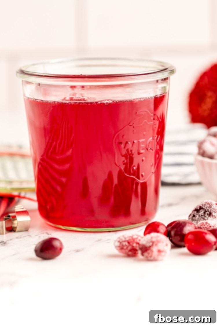 Ruby Red Elixir 2 Close up photo of a weck jar filled with cranberry simple syrup, ready to be used in festive drinks.
