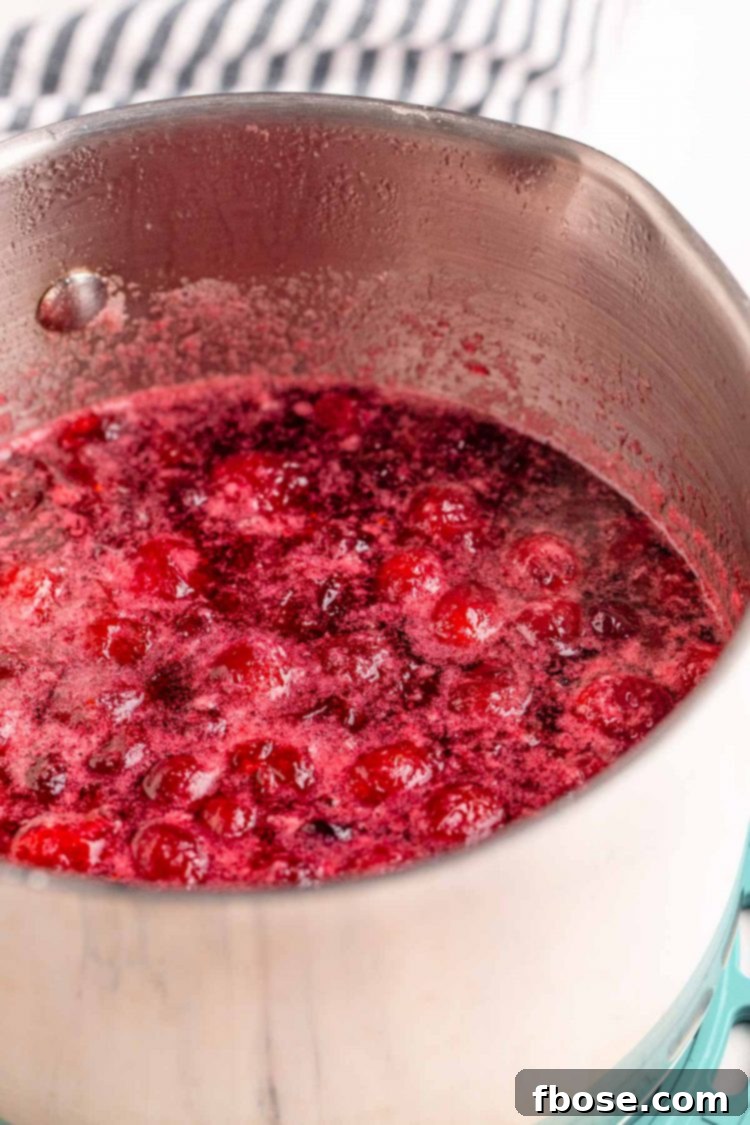 Ruby Red Elixir 4 Fresh cranberries simmering in a small saucepan with sugar and water, releasing their vibrant red color and aroma.