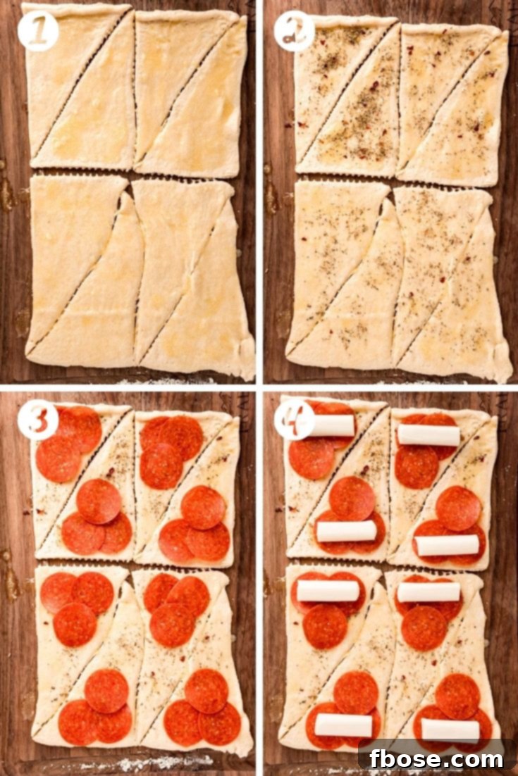Quick Cheesy Pizza Pinwheels 4 Step-by-step photo series showing the process of assembling pizza rolls, from unrolling dough to adding fillings and rolling them up.