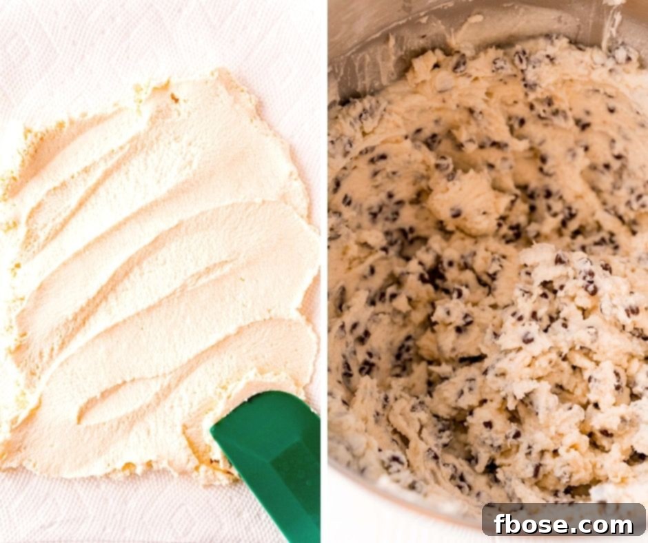 A step-by-step photo collage illustrating the process of making cannoli dip: draining ricotta, mixing ingredients, and serving.