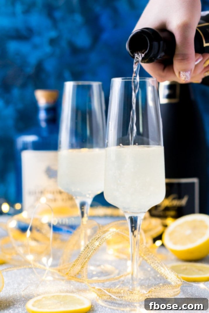 Detailed step-by-step process of how to make a French 75 cocktail, showing ingredients and mixing tools.