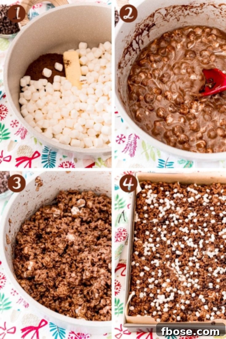 Toasty Cocoa Krispie Bars 5 Step by step photo collage showing how to make hot chocolate rice krispie treats.