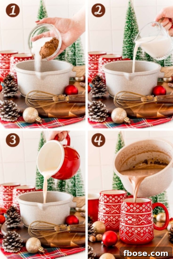 A step-by-step photo collage illustrating the process of making Eggnog Hot Chocolate, from combining ingredients to the finished garnished drink.