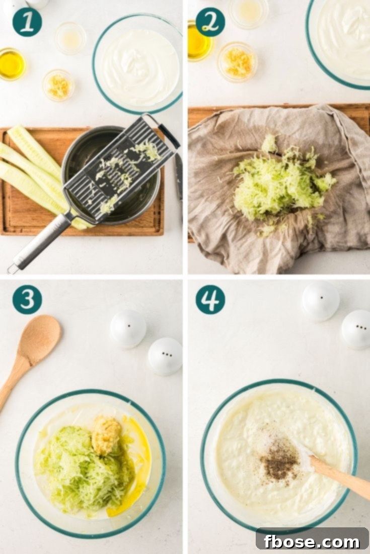 Creamy Greek Cucumber Tzatziki 5 Step-by-step photos showing how to make tzatziki sauce.