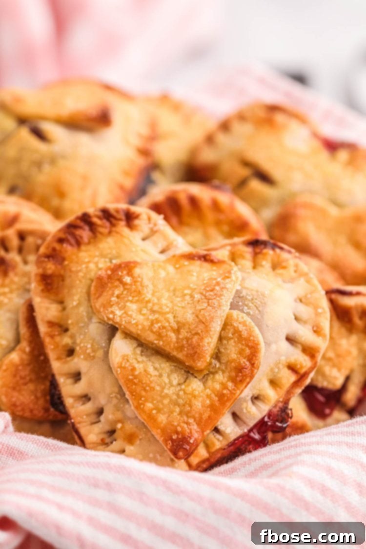Effortless Cherry Pastry Pockets 2 Heart shaped hand pies in a basket with a pink and white striped napkin.