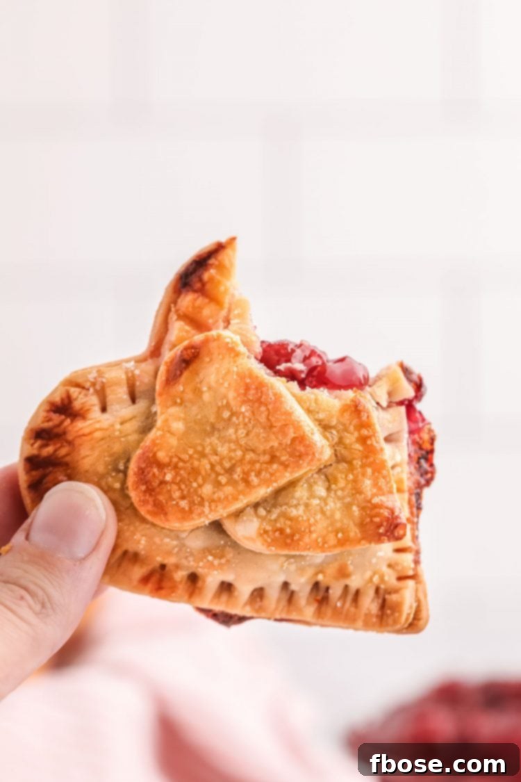 Effortless Cherry Pastry Pockets 6 A woman's hand holding a heart shaped cherry hand pie.