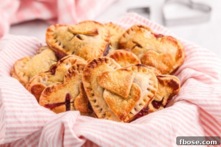 Effortless Cherry Pastry Pockets 7 Close up photo of heart shaped hand pies on a white and pink striped napkin.