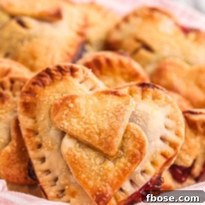 Heart shaped hand pies in a basket with a pink and white striped napkin.