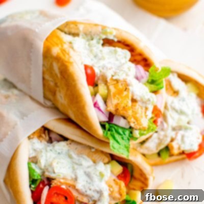 Close up photo of chicken gyros stacked on top of eachother.