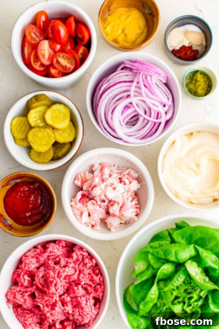 Overhead photo of ingredients used to make burger bowls.