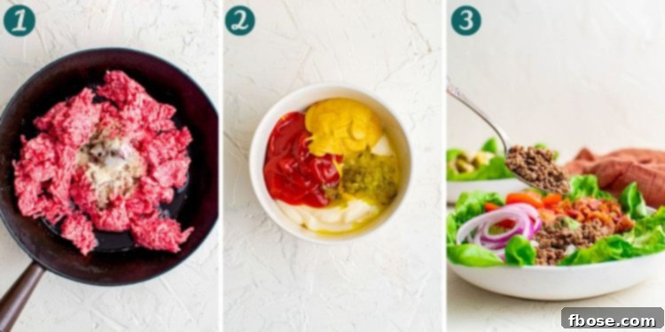 Step-by-step photo collage showing how to make burger bowls.