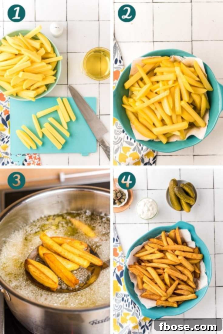 Step-by-step photo collage showing how to prepare, blanch, and double-fry french fries to perfection.