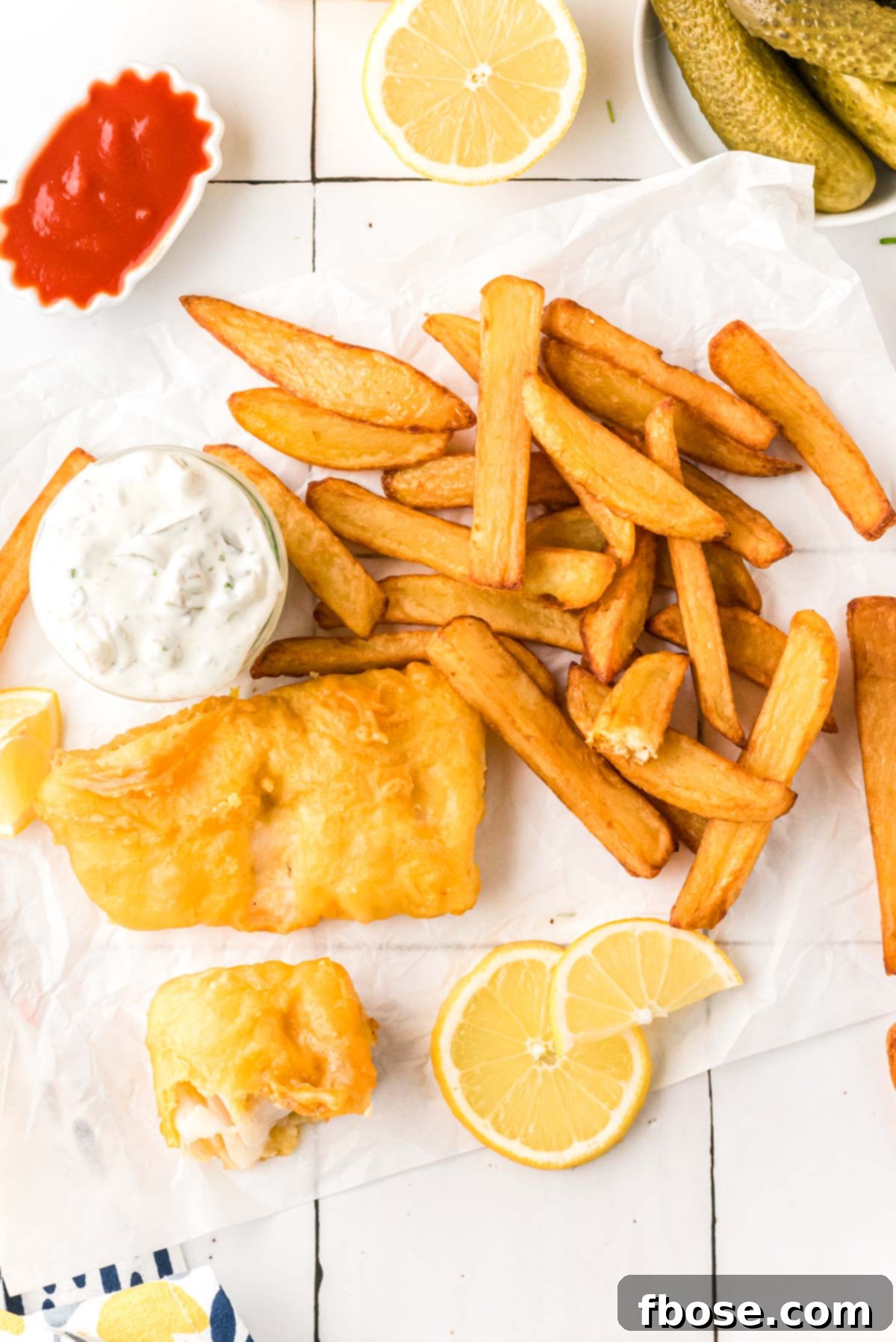 Overhead photo of fish and chips, with a large serving of homemade French fries and battered fried fish.