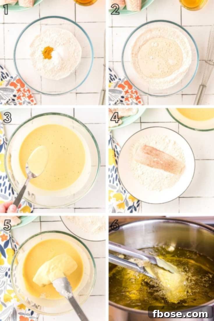 Crispy Beer-Battered Fish and Chips 5 Step-by-step photo collage showing how to make fried fish.