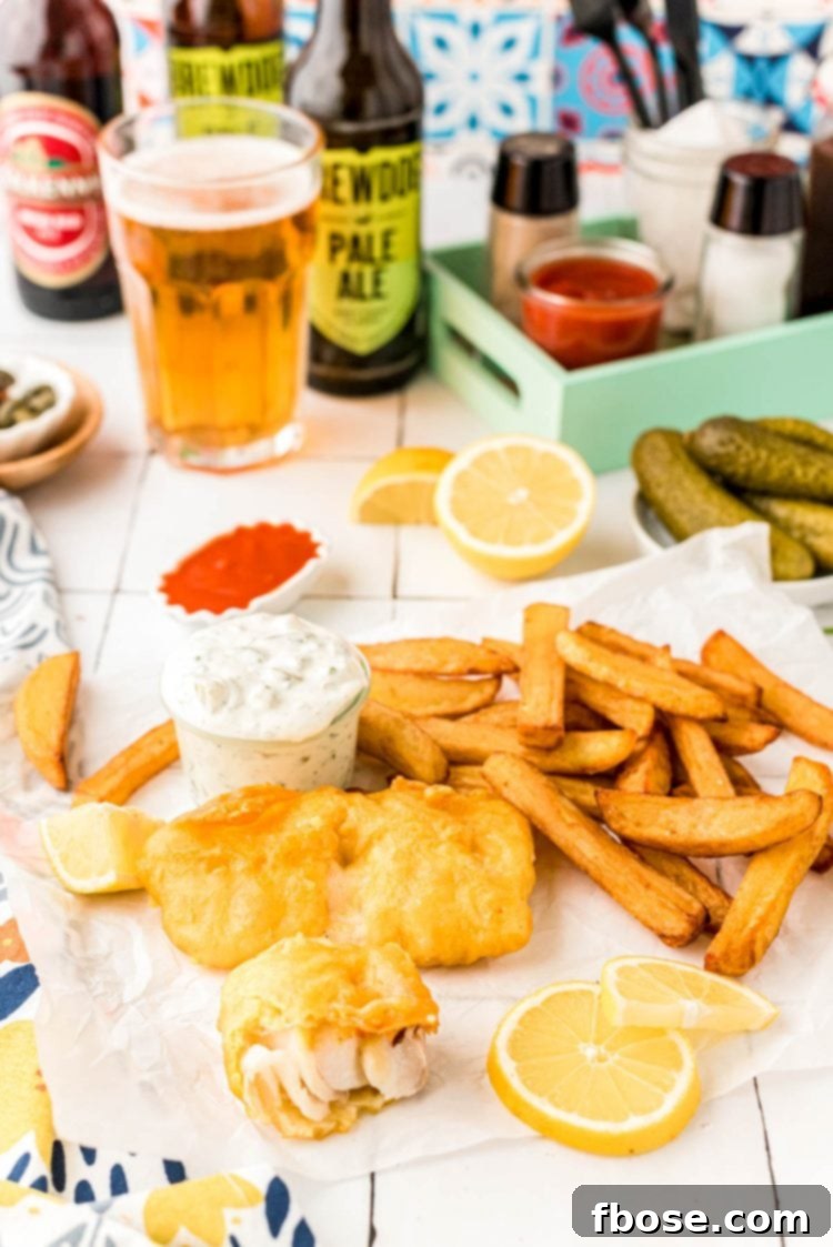 Crispy Beer-Battered Fish and Chips 6 Fish and chips on a counter with beer and lemons and tartar sauce in the background.