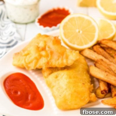 Pieces of fried fish on a white platter with fries and ketchup and lemon.