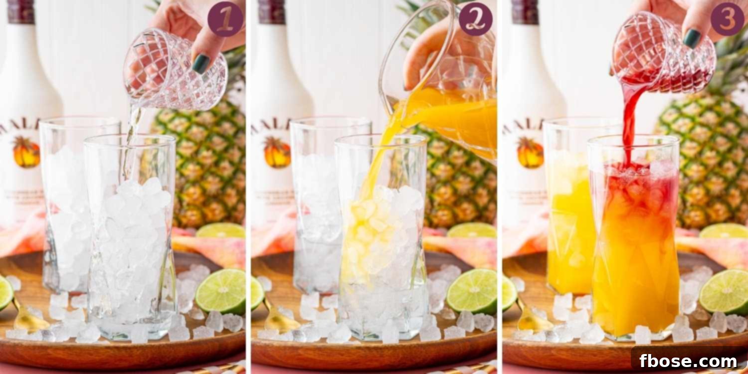 Step-by-step photo collage illustrating how to expertly craft a Malibu Bay Breeze cocktail, showing the layering process and final garnish.