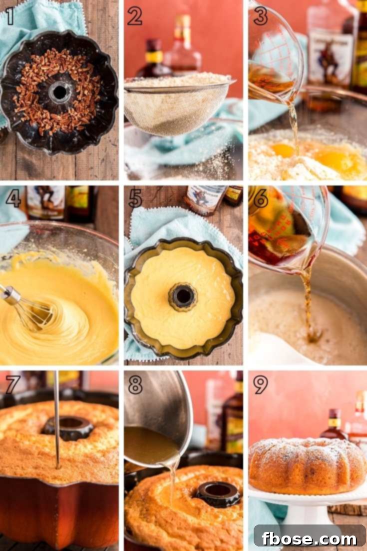 step-by-step photo collage showing how to make rum cake in a bundt pan.