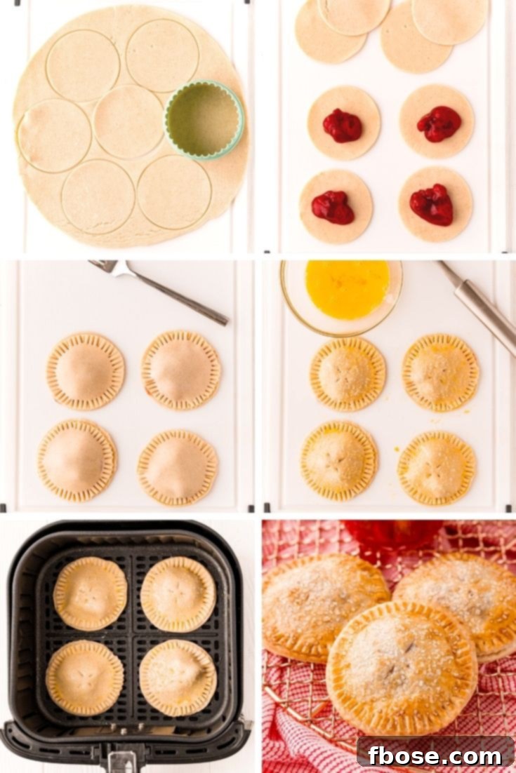 Step by step photo collage showing how to make hand pies in the air fryer. Easy visual guide.