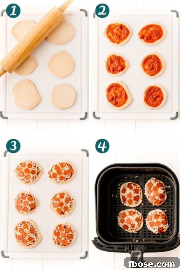 Step by step photo collage showing hot to make pizzas in an air fryer.