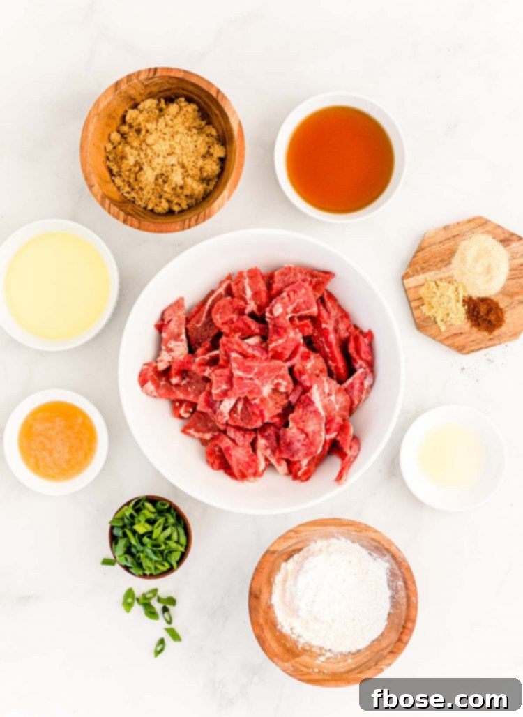 Overhead photo of ingredients prepped to make Mongolian beef on a white counter.