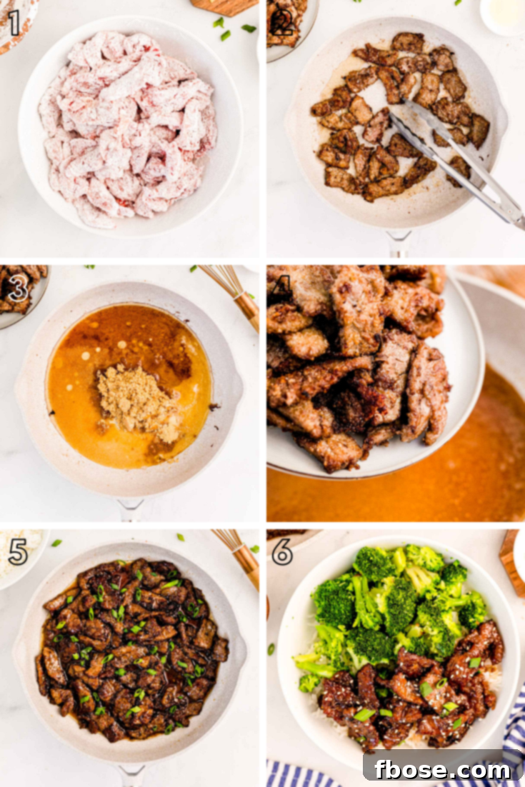 Step-by-step-photo collage showing how to make Mongolian beef.