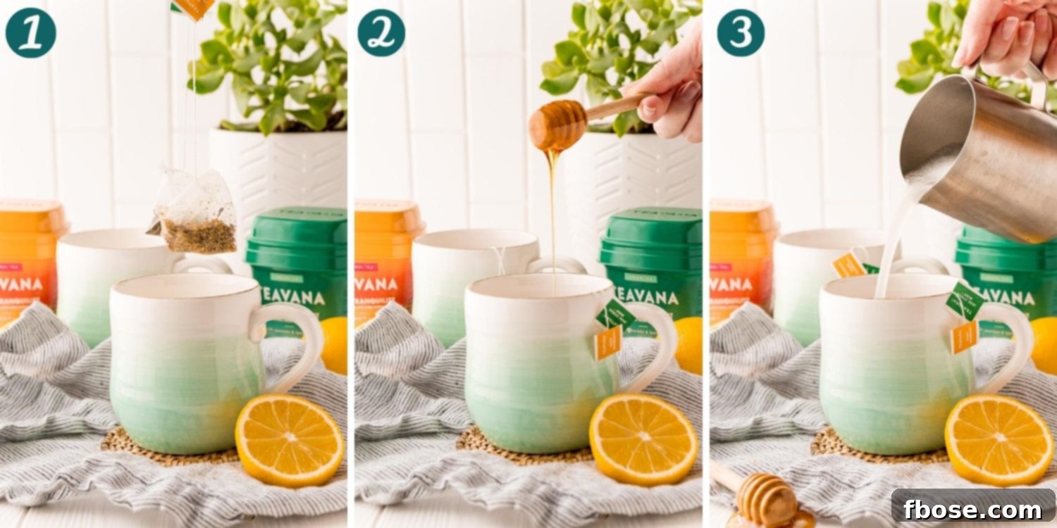 Step by step photos showing how to make medicine ball tea, from steeping to serving in a comforting mug.