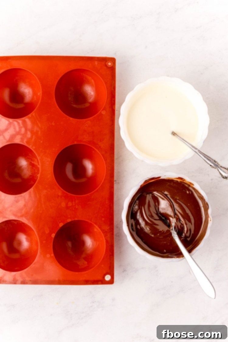 Overhead photo of hot chocolate bomb molds with bowls of melted white chocolate and dark chocolate next to it.