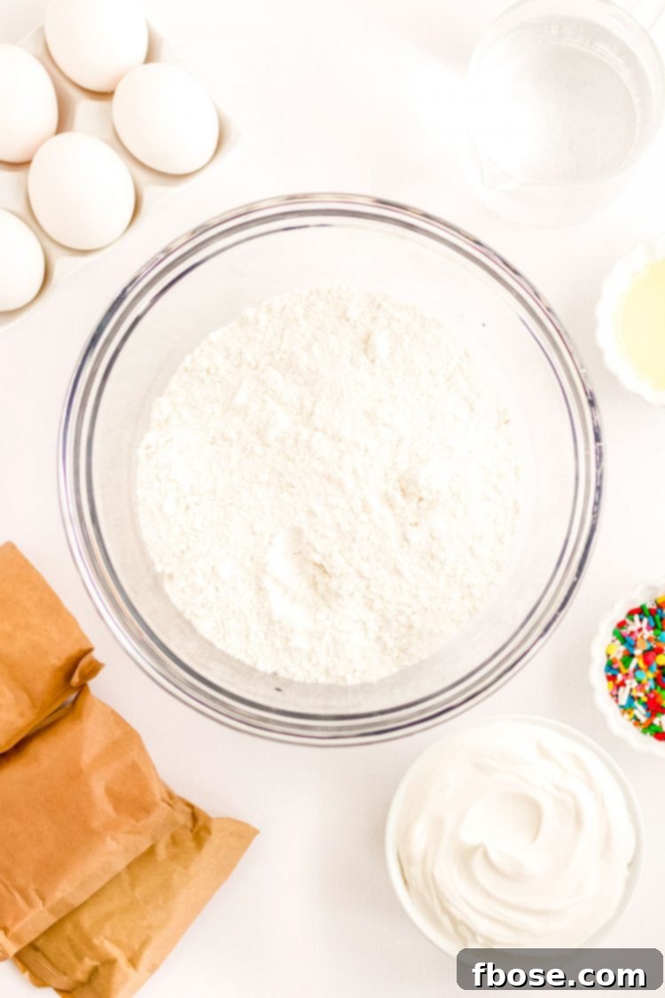 Ingredients laid out for making rainbow jello poke cake: cake mix, eggs, oil, jello packets, and whipped topping.