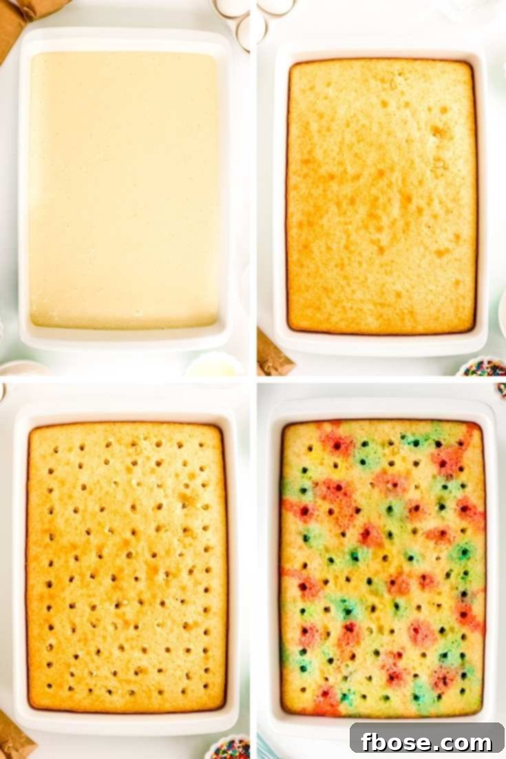 Step-by-step photo collage illustrating the process of making rainbow jello poke cake: mixing, baking, poking holes, and pouring jello.