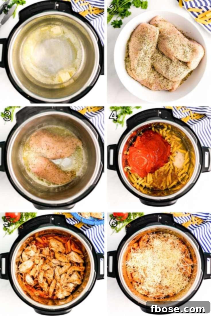 Step-by-step photo collage illustrating the process of making Instant Pot Chicken Parmesan Pasta.
